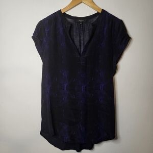 Babaton Silk Pullover Animal Print V-Neck Sheer Cap Sleeve Top Blue Size Medium